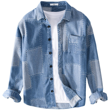 Férfi denim ing, hosszú ujjú, 100% pamut, lazán szabott, japán stílusú mindennapi viselésre