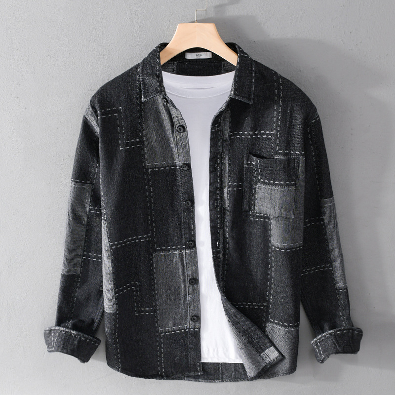 Férfi denim ing, hosszú ujjú, 100% pamut, lazán szabott, japán stílusú mindennapi viselésre