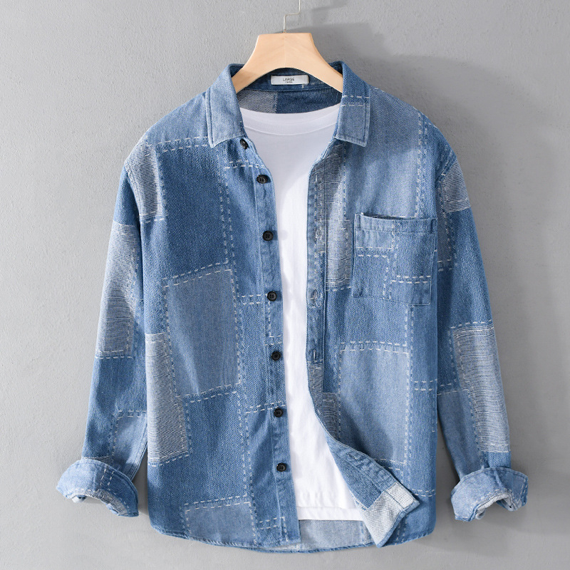 Férfi denim ing, hosszú ujjú, 100% pamut, lazán szabott, japán stílusú mindennapi viselésre