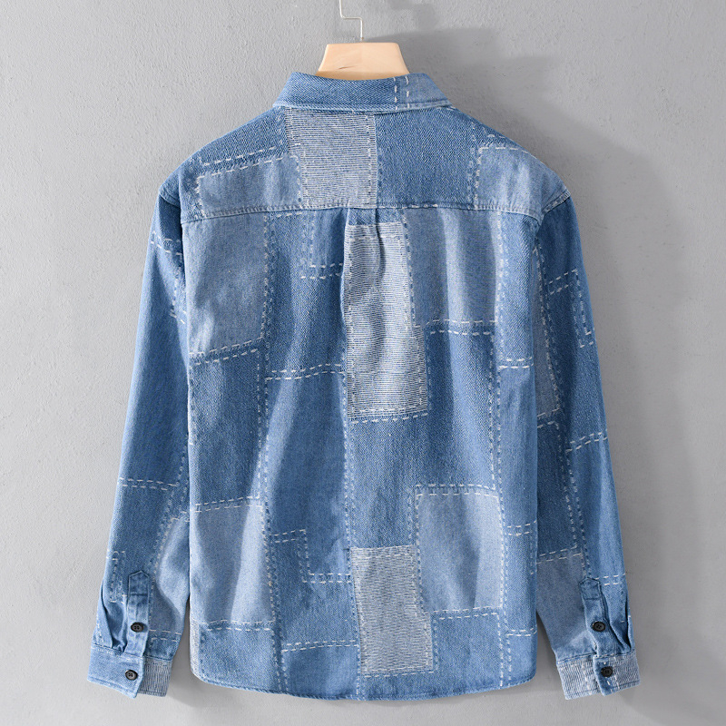 Férfi denim ing, hosszú ujjú, 100% pamut, lazán szabott, japán stílusú mindennapi viselésre