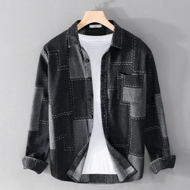 Férfi denim ing, hosszú ujjú, 100% pamut, lazán szabott, japán stílusú mindennapi viselésre