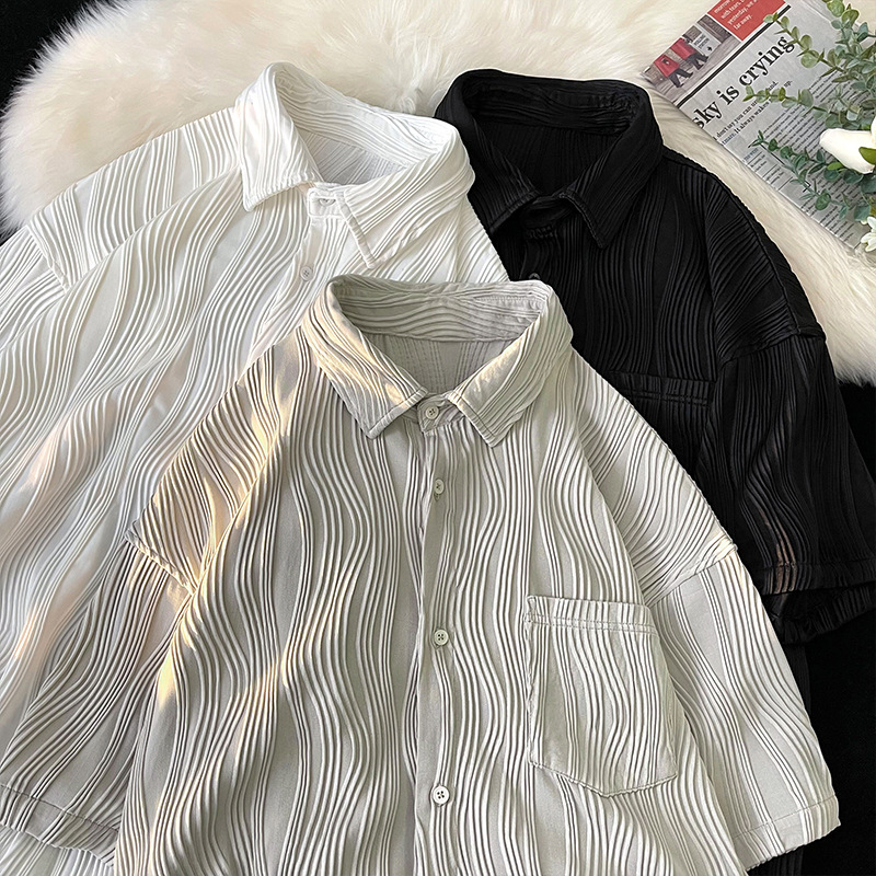 Ανδρικό πουκάμισο από ice silk, κοντό μανίκι, φαρδιά γραμμή, καλοκαιρινό στυλ Hong Kong, casual και κομψό, ελαφρύ πανωφόρι