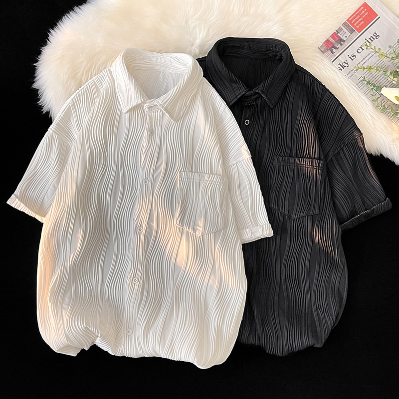 Ανδρικό πουκάμισο από ice silk, κοντό μανίκι, φαρδιά γραμμή, καλοκαιρινό στυλ Hong Kong, casual και κομψό, ελαφρύ πανωφόρι