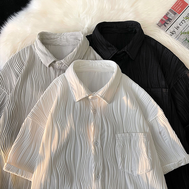 Ανδρικό πουκάμισο από ice silk, κοντό μανίκι, φαρδιά γραμμή, καλοκαιρινό στυλ Hong Kong, casual και κομψό, ελαφρύ πανωφόρι