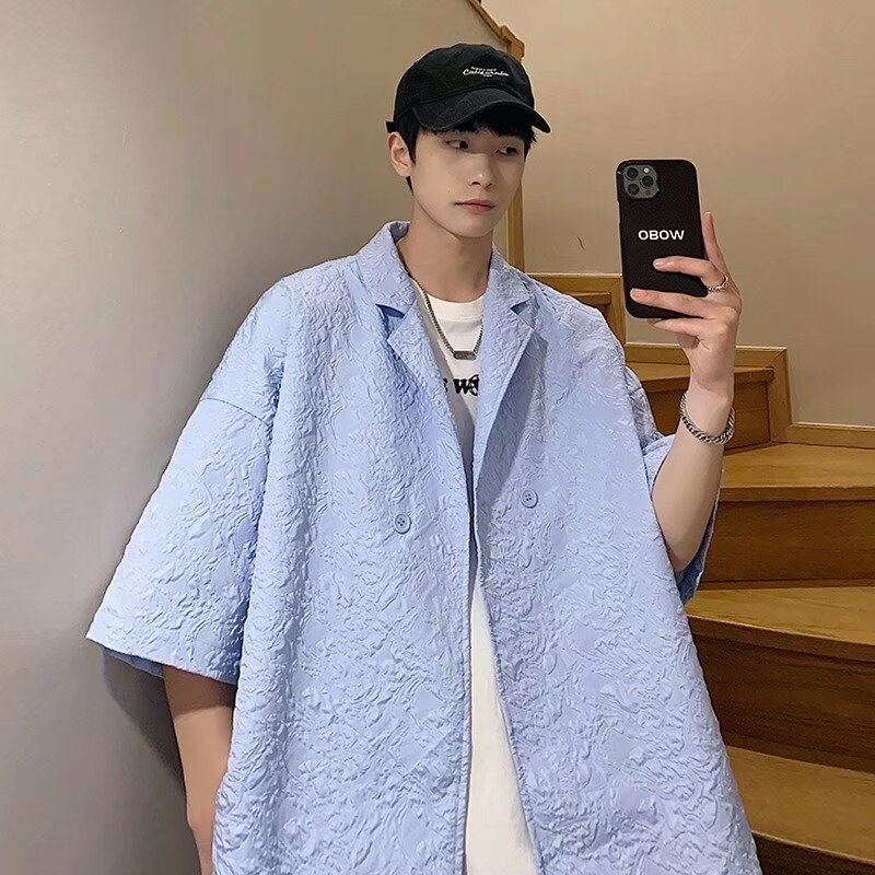 Muška ljetna košulja s jacquard uzorkom, udoban kroj, kratki rukavi, četvrtasti ovratnik, japanski streetwear inspiriran stilom
