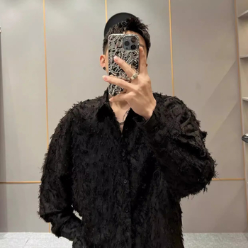 Muška crna košulja s dugim rukavima, inspirirana frizerskim stilom, streetwear, korejski stil, uska kroj, za jesen