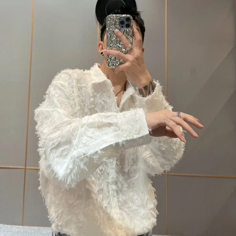 Muška crna košulja s dugim rukavima, inspirirana frizerskim stilom, streetwear, korejski stil, uska kroj, za jesen