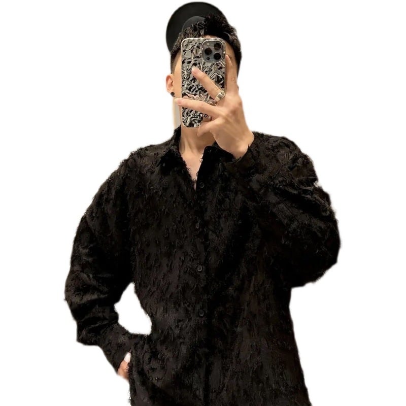 Muška crna košulja s dugim rukavima, inspirirana frizerskim stilom, streetwear, korejski stil, uska kroj, za jesen
