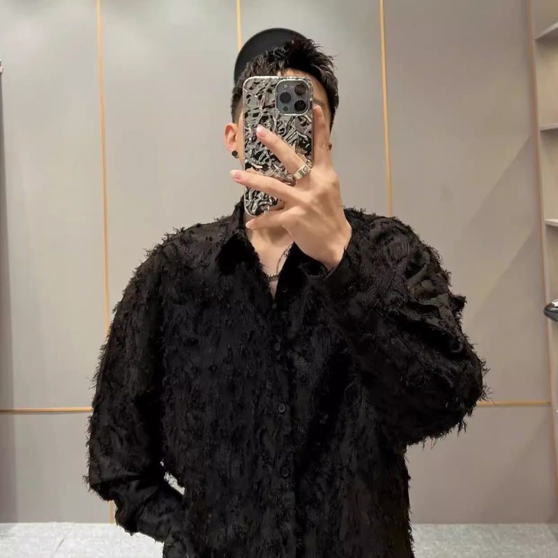 Muška crna košulja s dugim rukavima, inspirirana frizerskim stilom, streetwear, korejski stil, uska kroj, za jesen