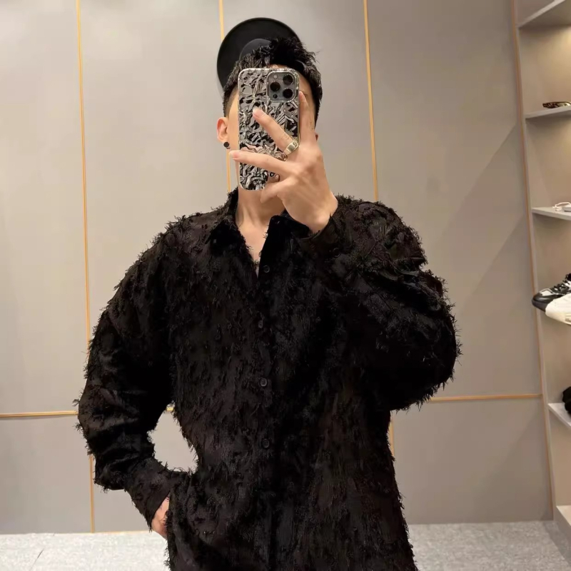 Muška crna košulja s dugim rukavima, inspirirana frizerskim stilom, streetwear, korejski stil, uska kroj, za jesen