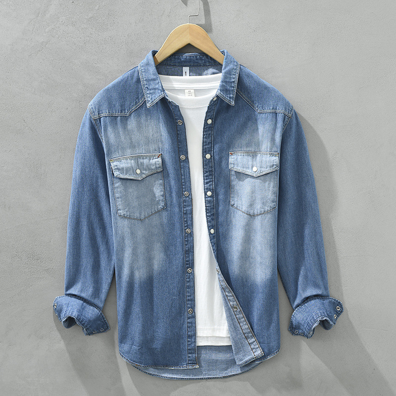 Férfi slim-fit denim ing-jacka tavasz–őszre, hosszú ujjú, mindennapi viselet
