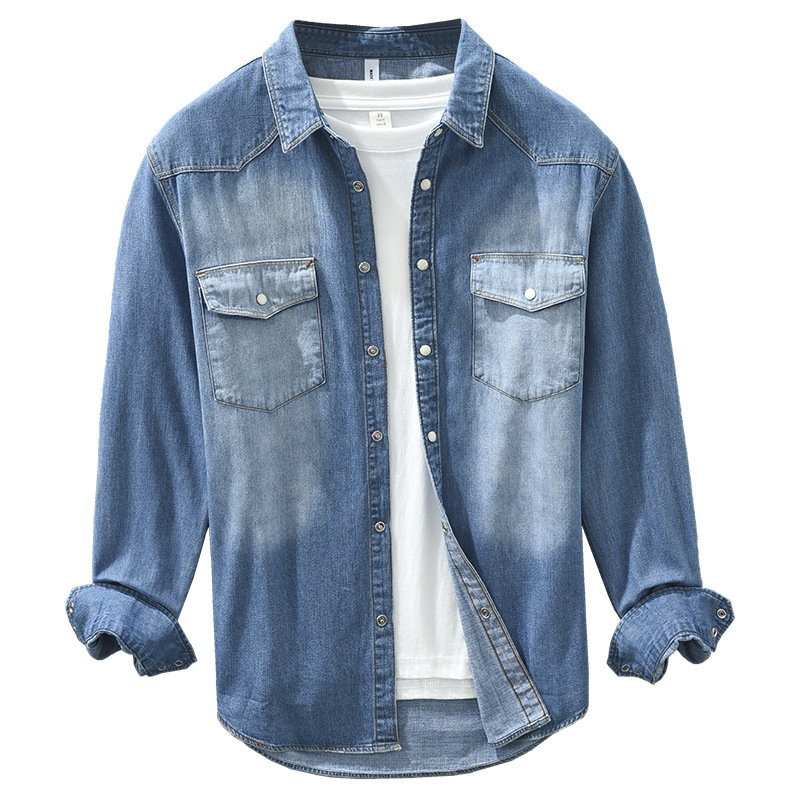 Férfi slim-fit denim ing-jacka tavasz–őszre, hosszú ujjú, mindennapi viselet