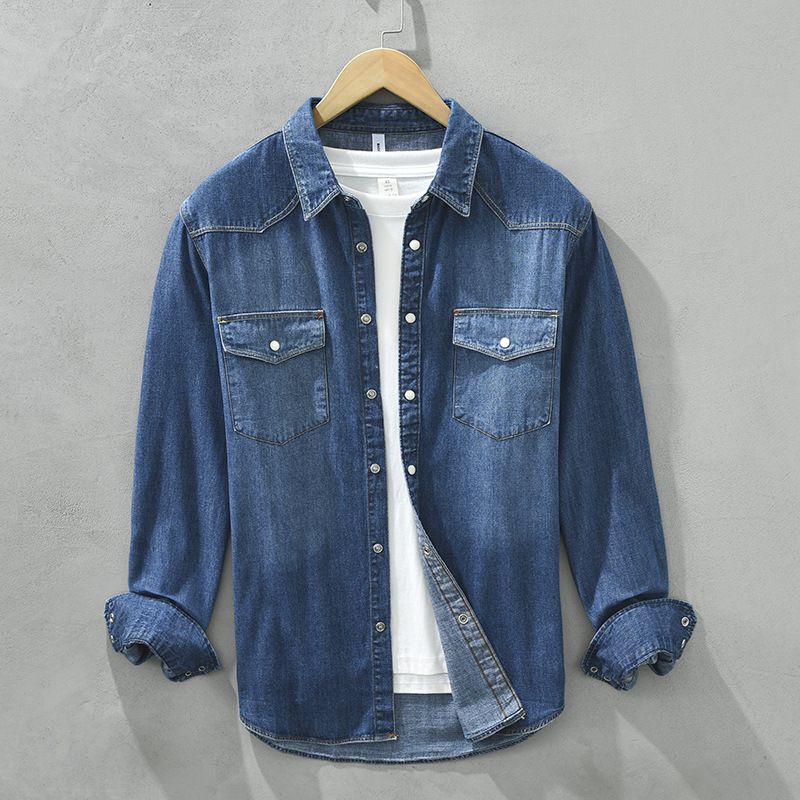 Férfi slim-fit denim ing-jacka tavasz–őszre, hosszú ujjú, mindennapi viselet