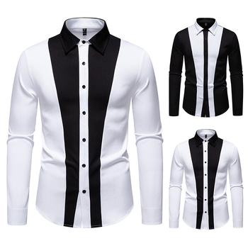 Muška košulja s dugim rukavima, rever ovratnik, crno-bijela blok boja, poliester, slim fit