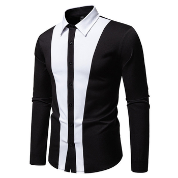 Muška košulja s dugim rukavima, rever ovratnik, crno-bijela blok boja, poliester, slim fit