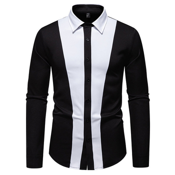 Muška košulja s dugim rukavima, rever ovratnik, crno-bijela blok boja, poliester, slim fit