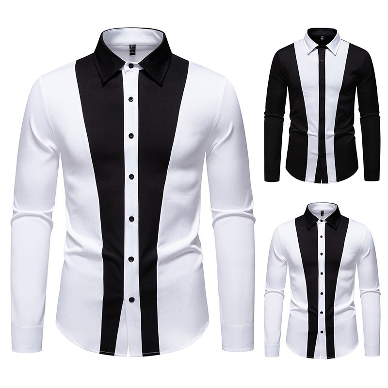 Muška košulja s dugim rukavima, rever ovratnik, crno-bijela blok boja, poliester, slim fit