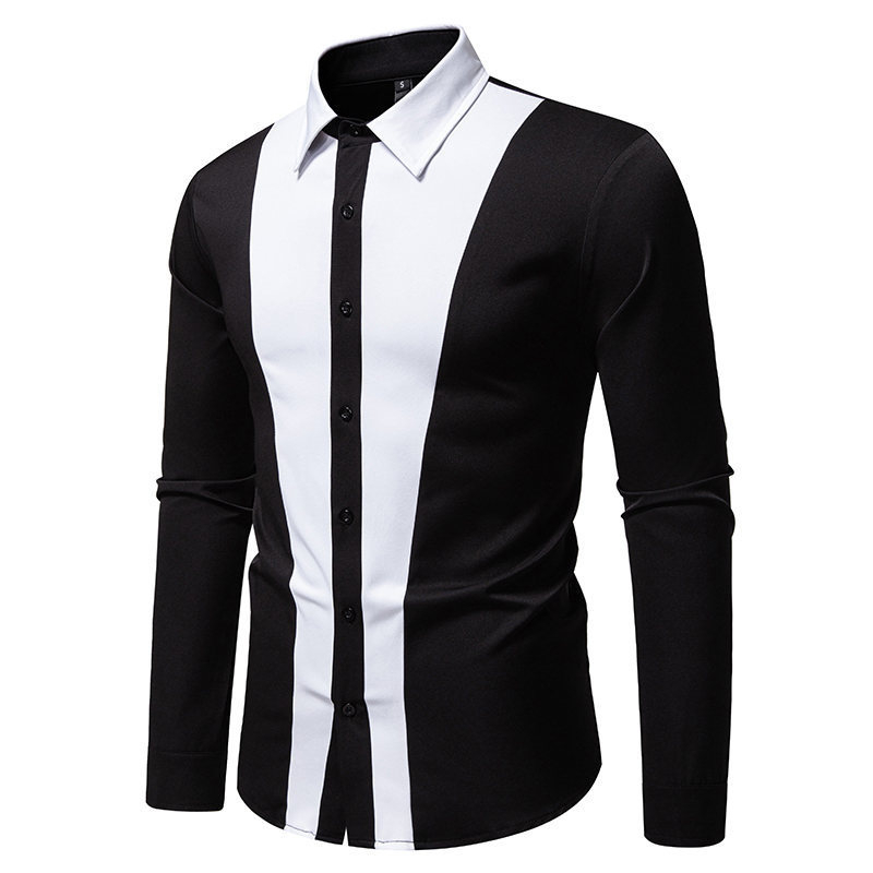 Muška košulja s dugim rukavima, rever ovratnik, crno-bijela blok boja, poliester, slim fit