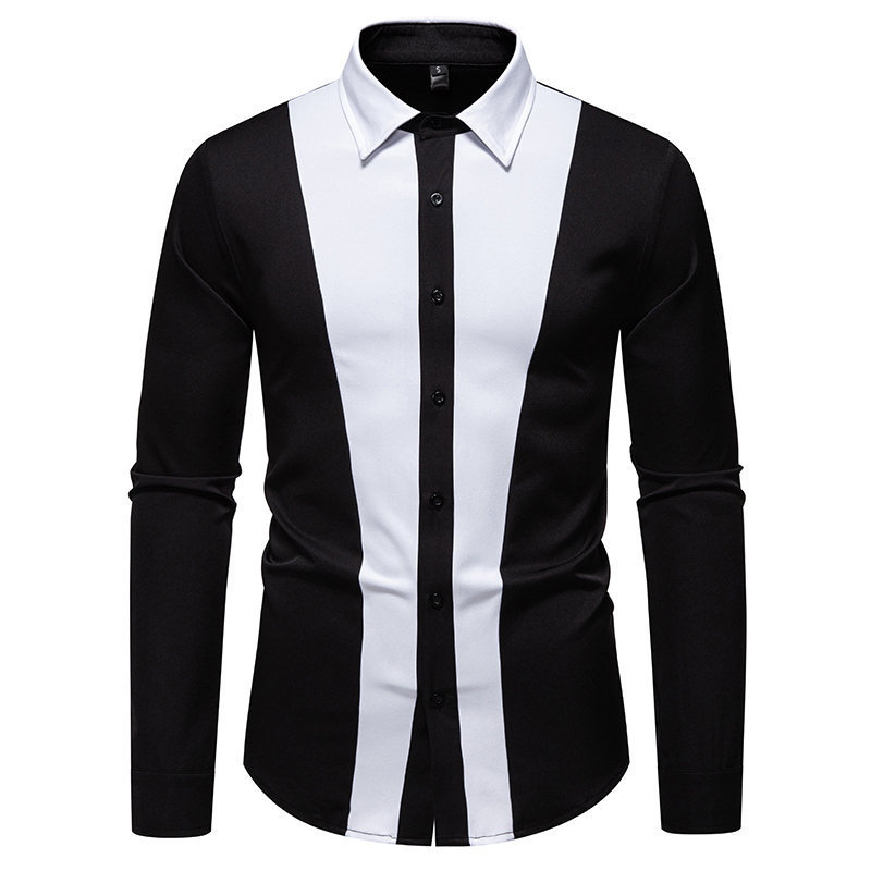 Muška košulja s dugim rukavima, rever ovratnik, crno-bijela blok boja, poliester, slim fit