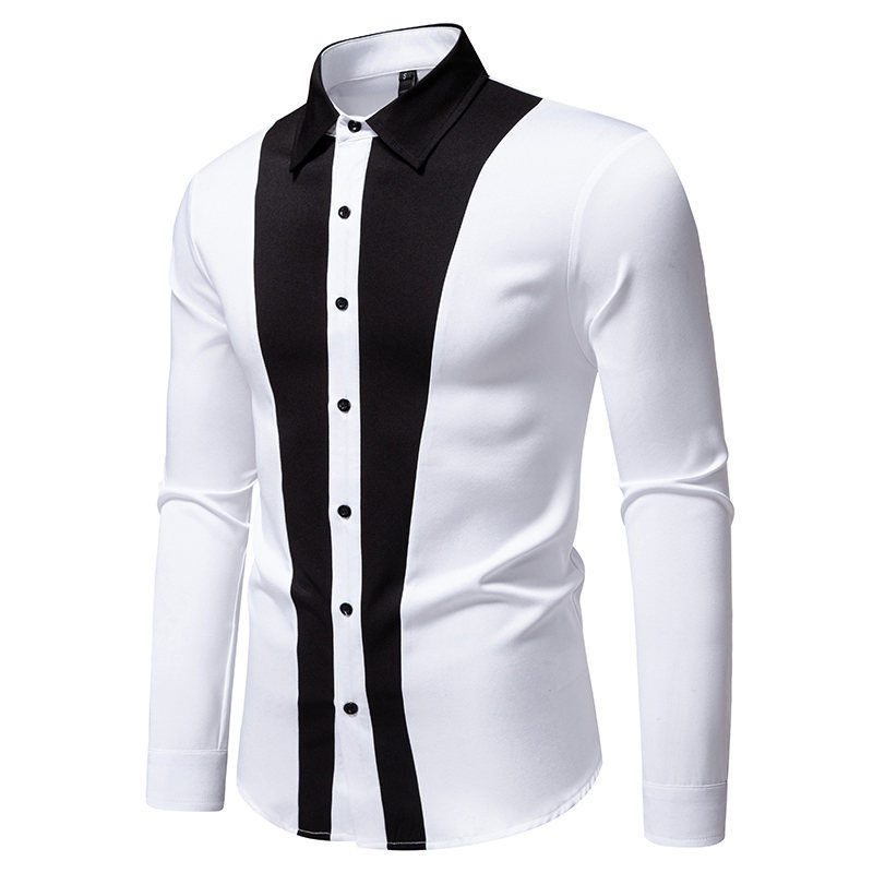 Muška košulja s dugim rukavima, rever ovratnik, crno-bijela blok boja, poliester, slim fit