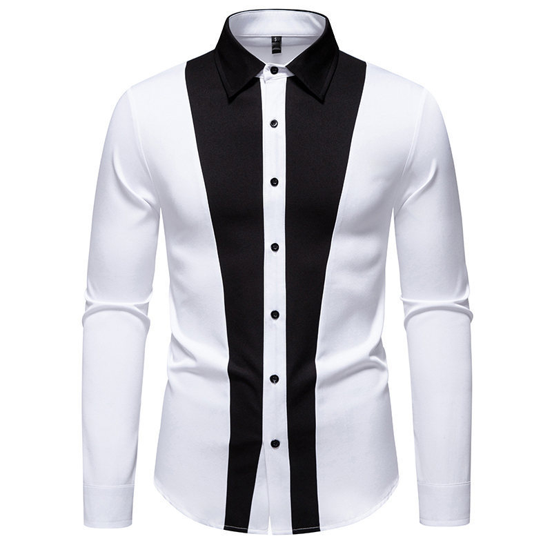 Muška košulja s dugim rukavima, rever ovratnik, crno-bijela blok boja, poliester, slim fit
