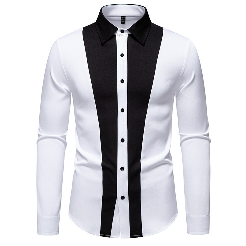 Muška košulja s dugim rukavima, rever ovratnik, crno-bijela blok boja, poliester, slim fit