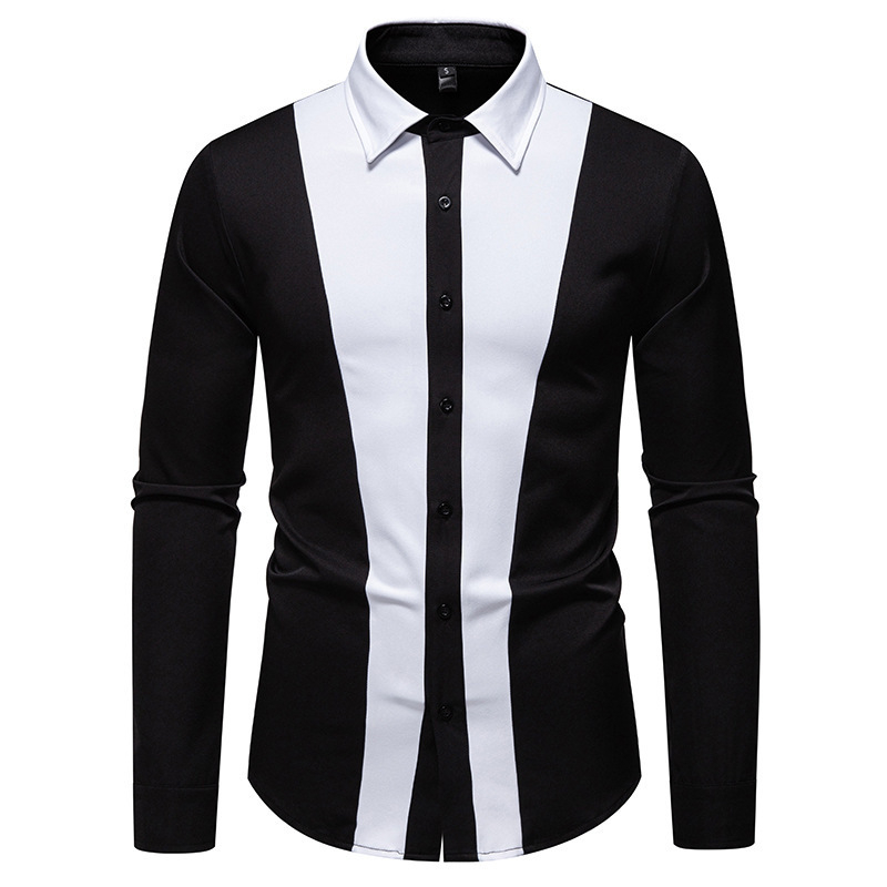 Muška košulja s dugim rukavima, rever ovratnik, crno-bijela blok boja, poliester, slim fit