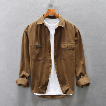 Z748 Muška Amekaji casual košulja od pamuka, khaki boja, opušten kroj, spuštena ramena, četvrtasti ovratnik, dugi rukavi, jednobojna, sa džepom