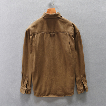 Z748 Muška Amekaji casual košulja od pamuka, khaki boja, opušten kroj, spuštena ramena, četvrtasti ovratnik, dugi rukavi, jednobojna, sa džepom