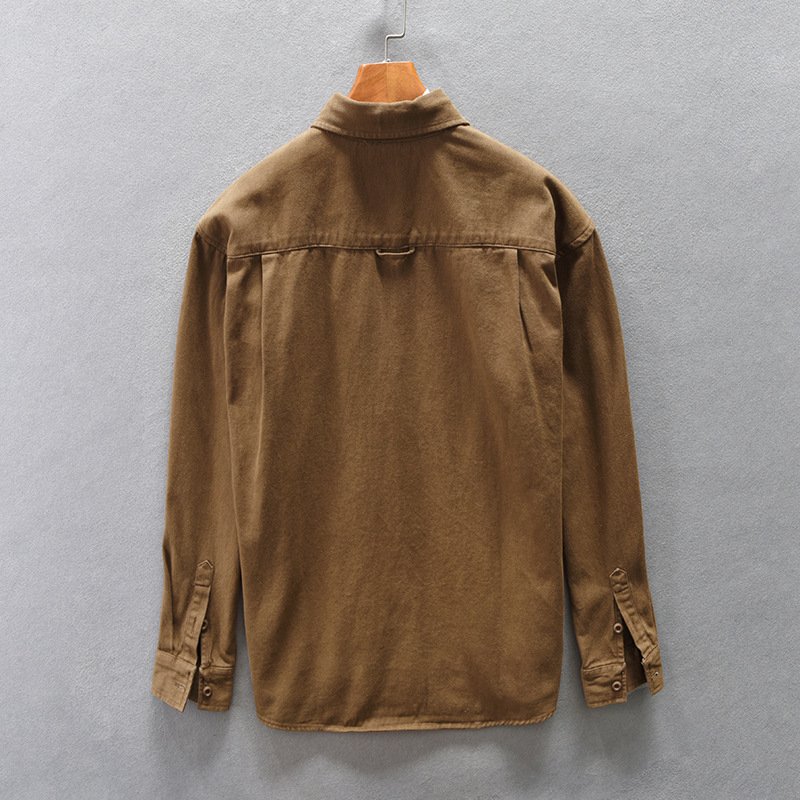 Z748 Muška Amekaji casual košulja od pamuka, khaki boja, opušten kroj, spuštena ramena, četvrtasti ovratnik, dugi rukavi, jednobojna, sa džepom