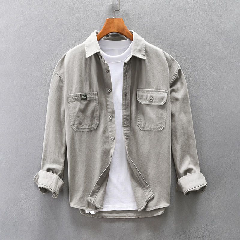 Z748 Muška Amekaji casual košulja od pamuka, khaki boja, opušten kroj, spuštena ramena, četvrtasti ovratnik, dugi rukavi, jednobojna, sa džepom