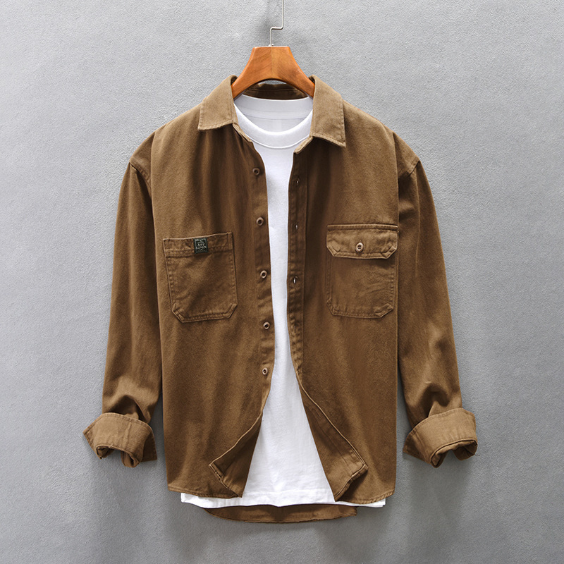 Z748 Muška Amekaji casual košulja od pamuka, khaki boja, opušten kroj, spuštena ramena, četvrtasti ovratnik, dugi rukavi, jednobojna, sa džepom