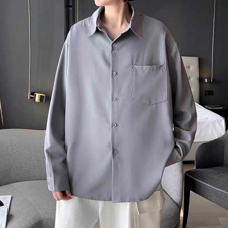 Muška bijela košulja od ice-silk, dugi rukav, japanski stil, opušteni kroj, za proljeće i jesen