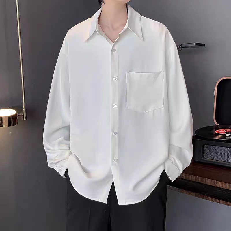 Muška bijela košulja od ice-silk, dugi rukav, japanski stil, opušteni kroj, za proljeće i jesen