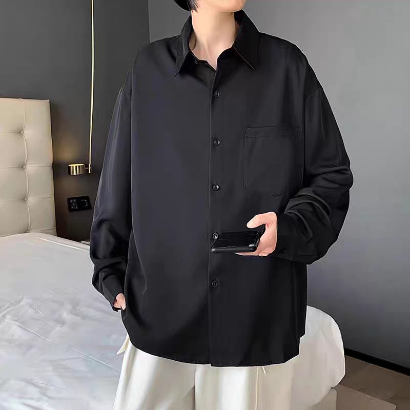 Muška bijela košulja od ice-silk, dugi rukav, japanski stil, opušteni kroj, za proljeće i jesen