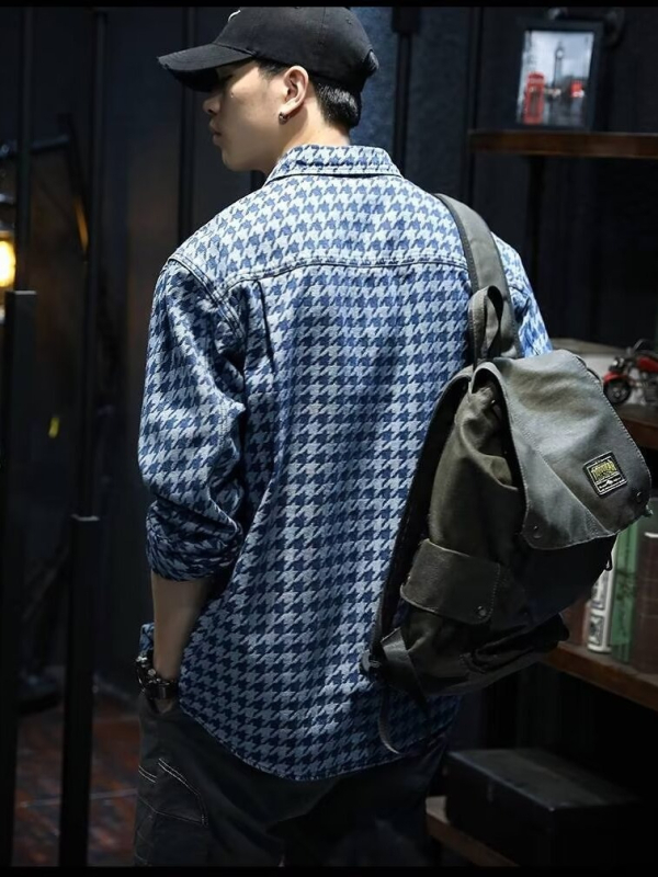 Američka retro denim košulja za muškarce, duge rukave, slobodan kroj, oversize, svakodnevni stil, s houndstooth uzorkom