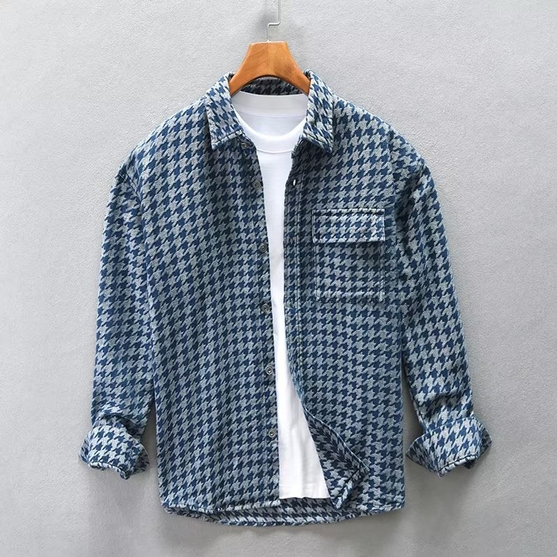 Američka retro denim košulja za muškarce, duge rukave, slobodan kroj, oversize, svakodnevni stil, s houndstooth uzorkom