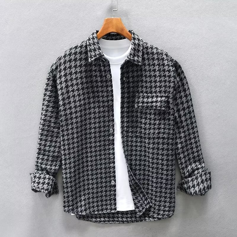 Američka retro denim košulja za muškarce, duge rukave, slobodan kroj, oversize, svakodnevni stil, s houndstooth uzorkom