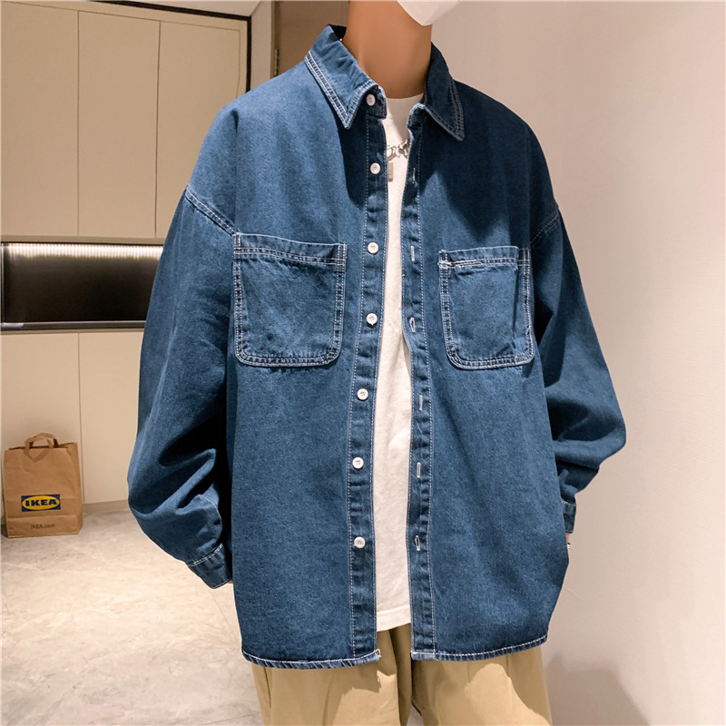 Muška džins košulja sa dugim rukavima, jednobojna, jesenski korejski stil, slobodan kroj, inspirirano hongkonškim stilom.