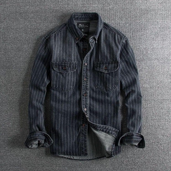 Férfi denim-ing csíkos, retro, nehéz textúra, slim-fit, hosszú ujjú, mindennapi viselet tavasz-ősz.