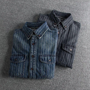 Férfi denim-ing csíkos, retro, nehéz textúra, slim-fit, hosszú ujjú, mindennapi viselet tavasz-ősz.
