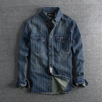 Férfi denim-ing csíkos, retro, nehéz textúra, slim-fit, hosszú ujjú, mindennapi viselet tavasz-ősz.