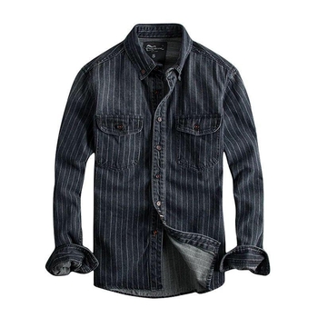 Férfi denim-ing csíkos, retro, nehéz textúra, slim-fit, hosszú ujjú, mindennapi viselet tavasz-ősz.