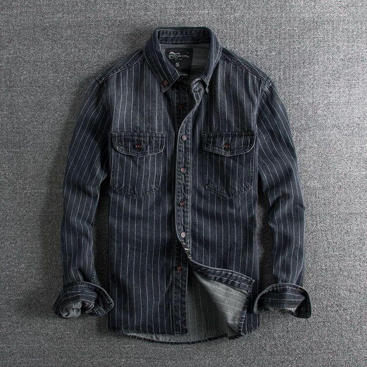 Férfi denim-ing csíkos, retro, nehéz textúra, slim-fit, hosszú ujjú, mindennapi viselet tavasz-ősz.