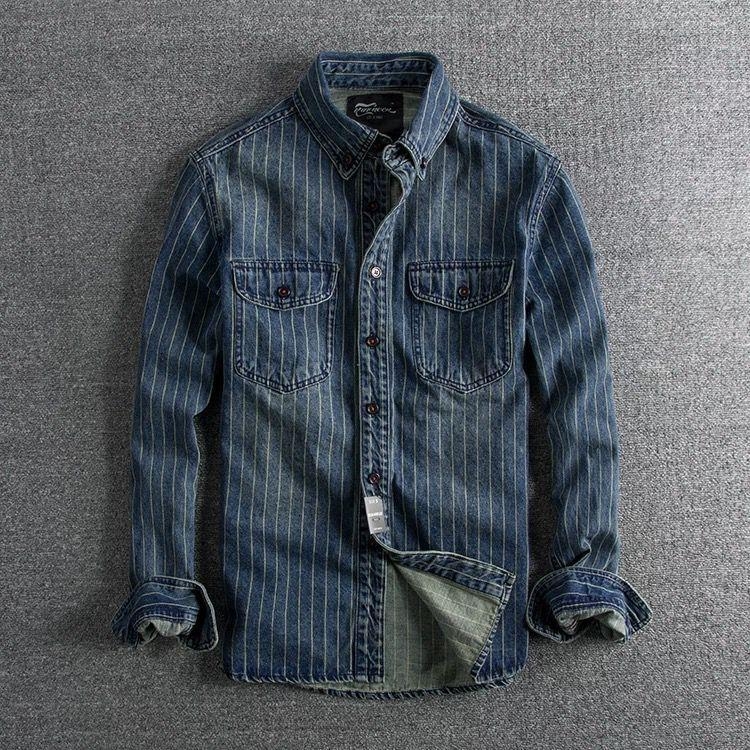 Férfi denim-ing csíkos, retro, nehéz textúra, slim-fit, hosszú ujjú, mindennapi viselet tavasz-ősz.