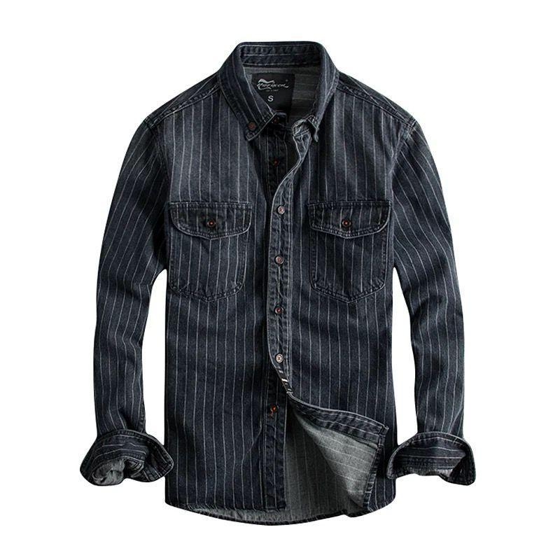 Férfi denim-ing csíkos, retro, nehéz textúra, slim-fit, hosszú ujjú, mindennapi viselet tavasz-ősz.
