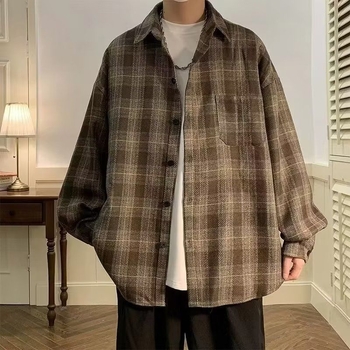 Muška vunena karirana košulja, dugi rukav, opušten kroj, američki retro stil