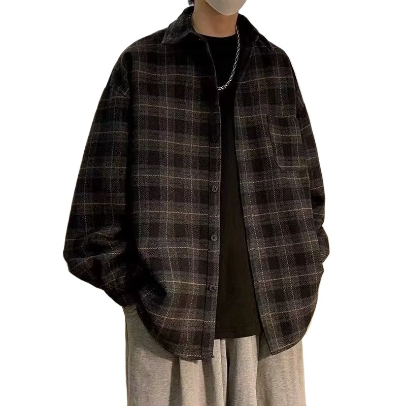 Muška vunena karirana košulja, dugi rukav, opušten kroj, američki retro stil