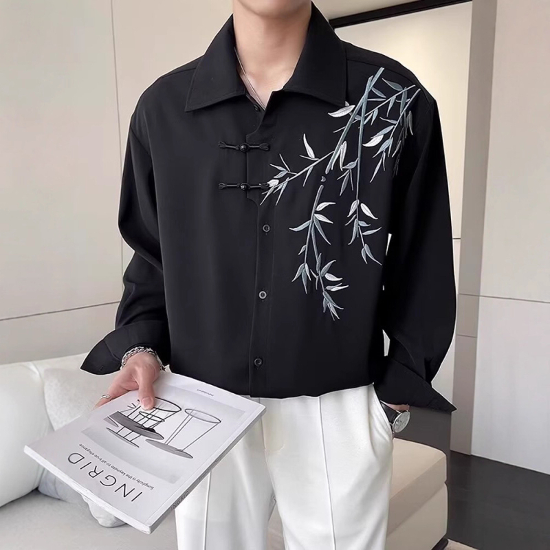 Muška košulja s dugim rukavima u kineskom stilu, bijela s vezom, proljeće–jesen, moderan ležeran kroj