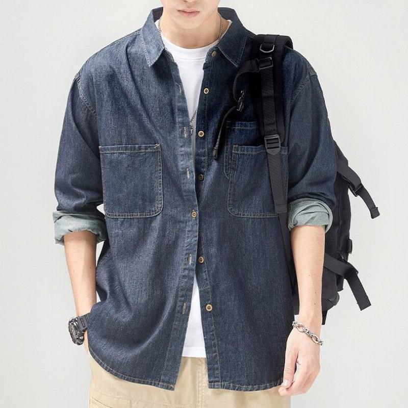 Američki klasični tamnoplavi denim košulja-jakna za muškarce – mekana, ležerni kroj, dugi rukavi, casual, jesenje nošenje